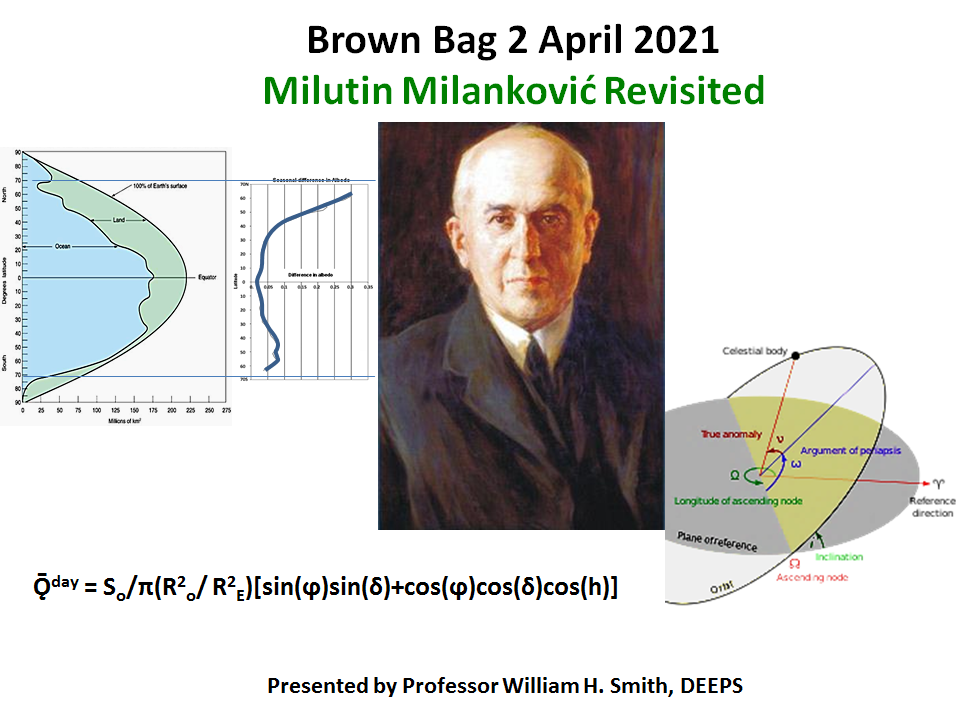 The poster for Bill Smith's talk includes an image of Milankovic, orbital diagrams, and an equation