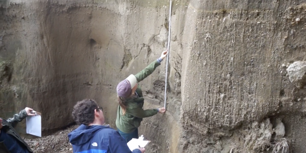 students measure a cliffside