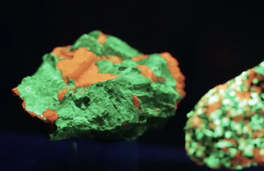 glowing green and orange rocks