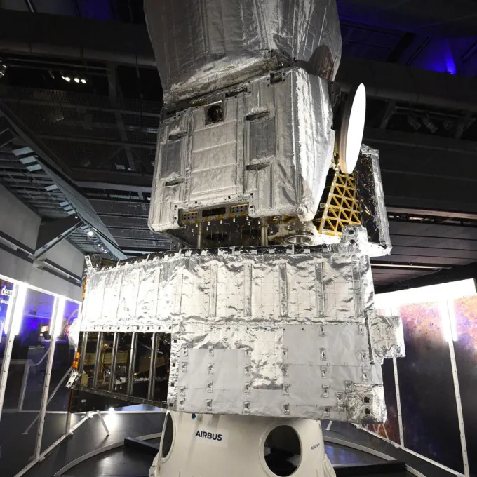 A six-metre tall engineering model of the BepiColombo spacecraft is unveiled at the Science Museum in London during a media preview for its new display Mission to Mercury: BepiColombo. (Photo by Kirsty O'Connor/PA Images via Getty Images)