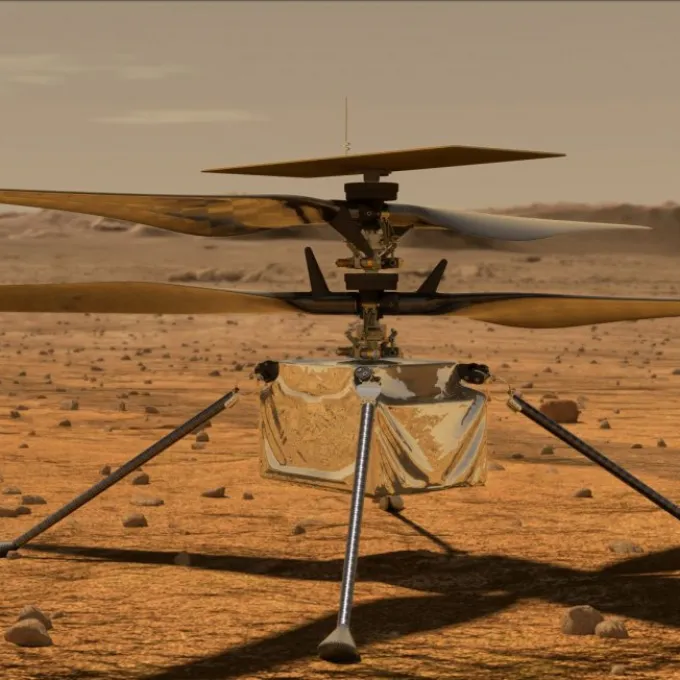 This is an artist's concept of NASA's Ingenuity helicopter on Mars, which could usher in a new method to explore the Red Planet. Image courtesy of NASA.